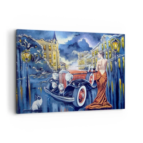 Obraz na płótnie - Kobieta w eleganckiej sukni przy retro samochodzie nocą - 120x80cm - Nokturn w błękicie i koralu - Nowoczesna dekoracja ścienna do salonu, kuchni i sypialni ARTTOR