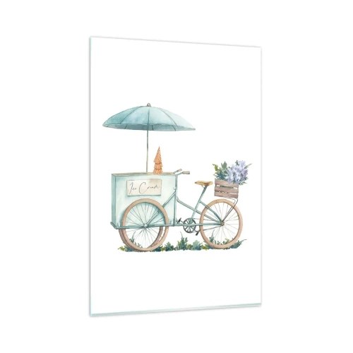 Obraz na szkle - Rower z lodami i kwiatami pod parasolem w delikatnej pastelowej kolorystyce - 80x120cm - Słodkie wspomnienie lata - Nowoczesna dekoracja ścienna do salonu i sypialni ARTTOR