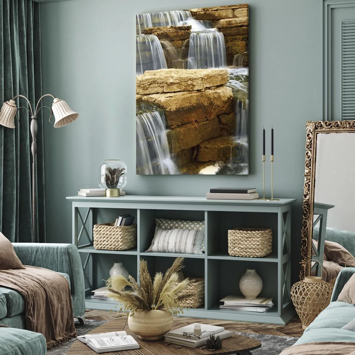 Obraz na płótnie - Wodospad spływający po kamiennych stopniach - 80x120cm - Schody do nieba - Nowoczesna dekoracja ścienna do salonu i sypialni ARTTOR