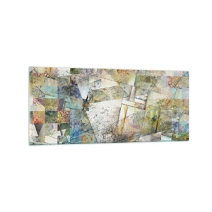 Obraz na szkle - Kolorowa abstrakcja z geometrycznymi kształtami i liniami - 120x50cm - Geometryczne przetasowanie - Nowoczesna dekoracja ścienna do salonu i sypialni ARTTOR