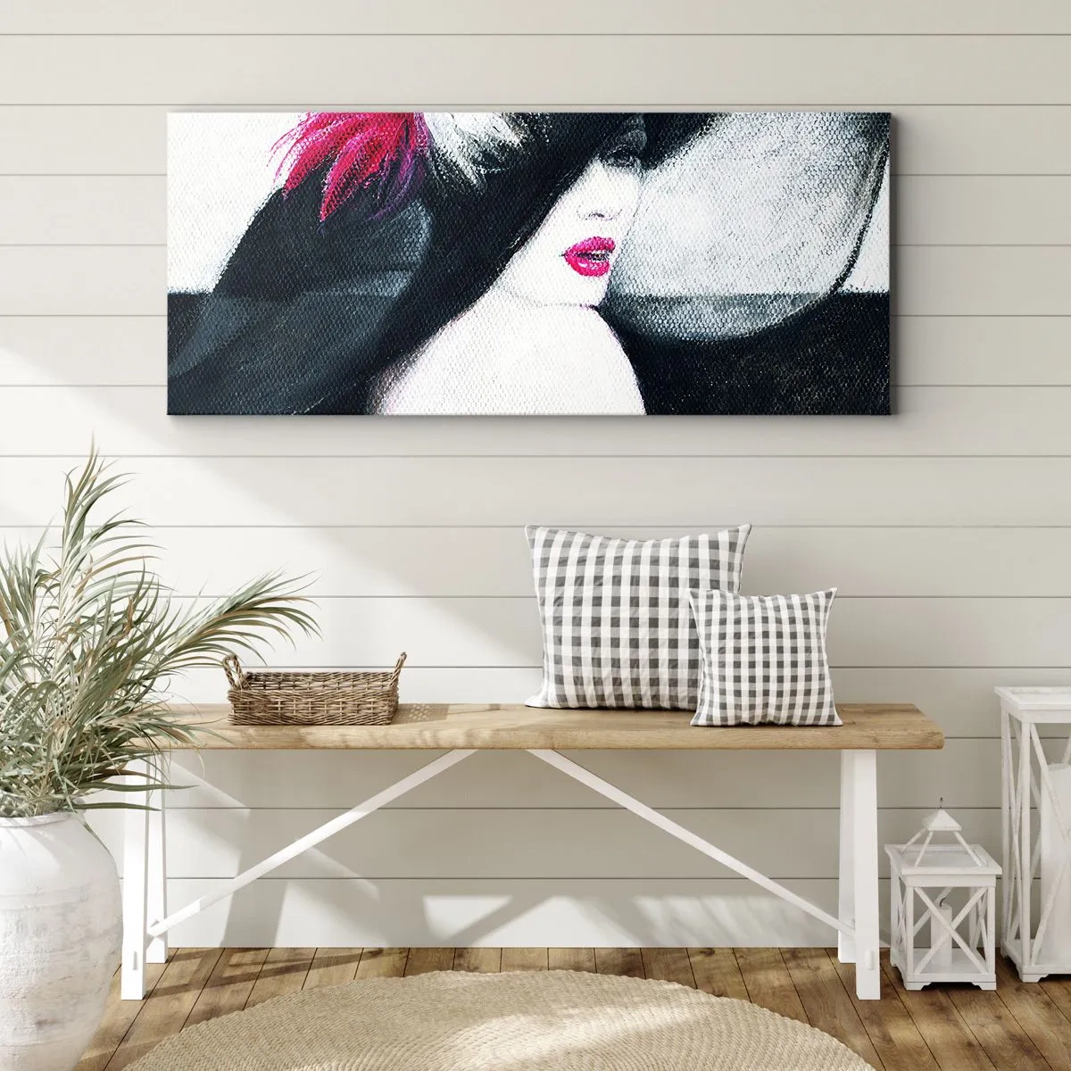 Obraz na płótnie - Stylowa kobieta w kapeluszu z piórami - 120x50cm - Zawsze tajemnica - Nowoczesna dekoracja ścienna do salonu i sypialni ARTTOR