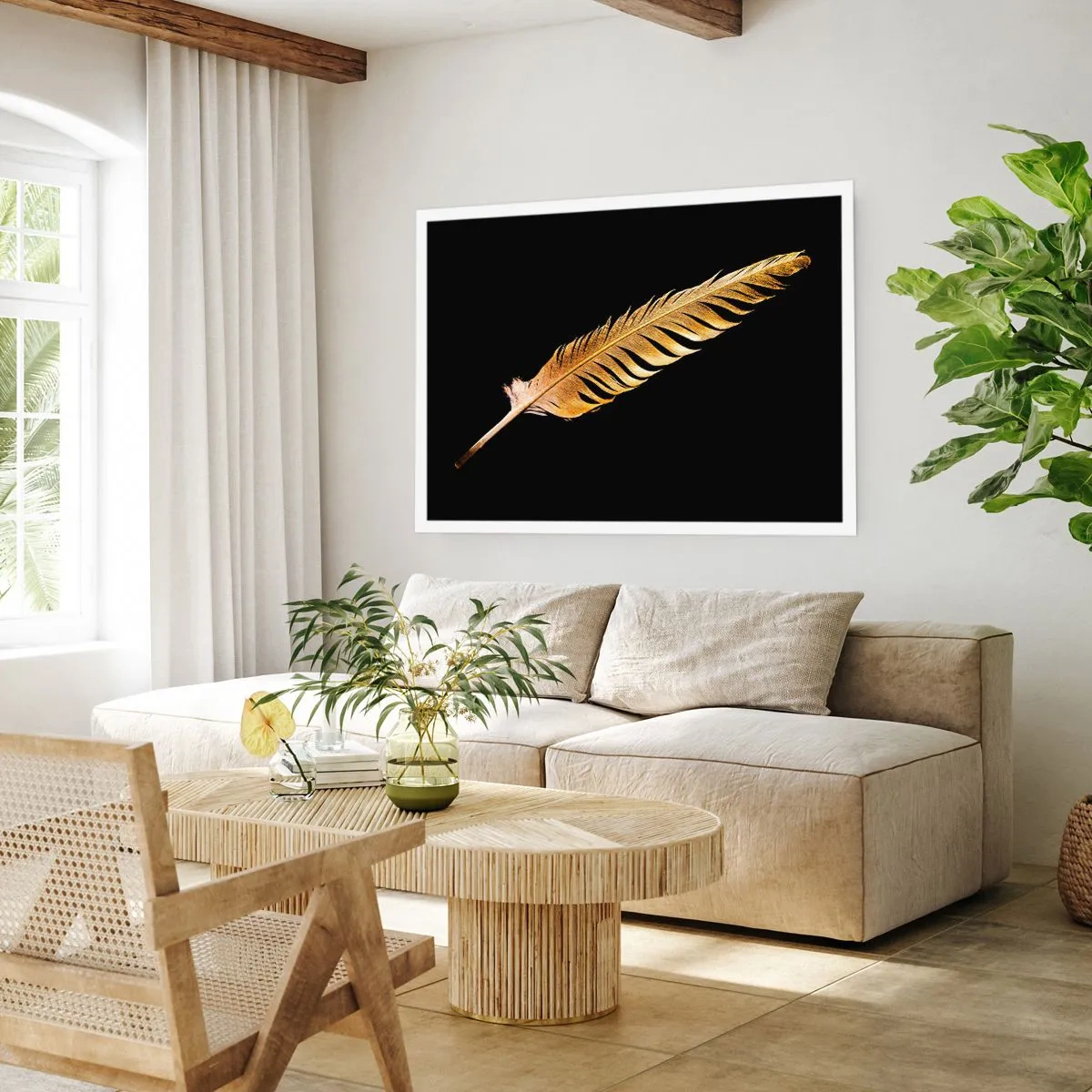 Plakat - Złote pióro na czarnym tle - 100x70cm - Nie lada piórem opatrzony… - Nowoczesna dekoracja ścienna do salonu i sypialni ARTTOR
