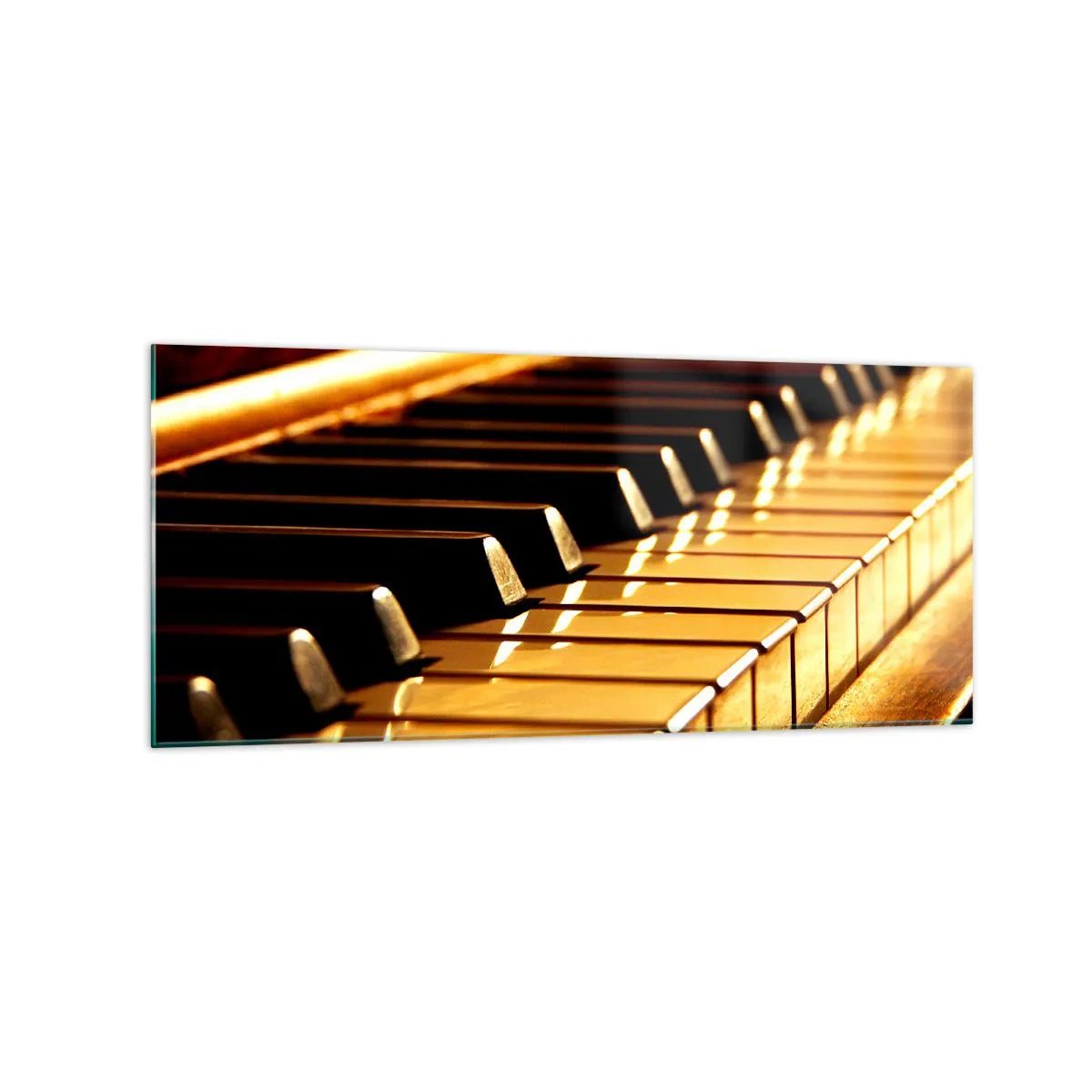 Obraz na szkle - Klawiatura fortepianu w złotym oświetleniu - 120x50cm - Nieograniczone możliwości - Nowoczesna dekoracja ścienna do salonu i sypialni ARTTOR