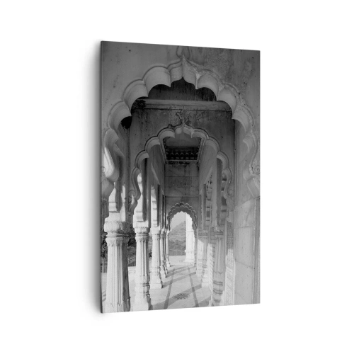 Obraz na płótnie - Monochromatyczna fotografia orientalnych łuków w pałacu - 80x120cm - Tu dzieją się baśnie Wschodu - Nowoczesna dekoracja ścienna do salonu i sypialni ARTTOR