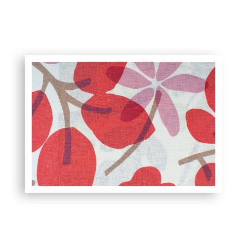 Plakat - Kwiaty i liście w odcieniach czerwieni i różu - 100x70cm - Kompozycja kwiatowa w różu - Nowoczesna dekoracja ścienna do salonu i sypialni ARTTOR