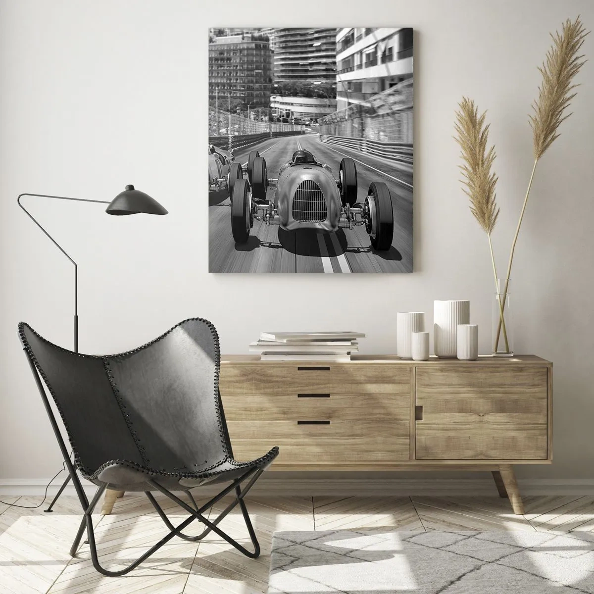 Obraz na szkle - Monochromatyczna scena wyścigu retro samochodów - 70x100cm - Dawno temu w Monte Carlo - Nowoczesna dekoracja ścienna do salonu i sypialni ARTTOR