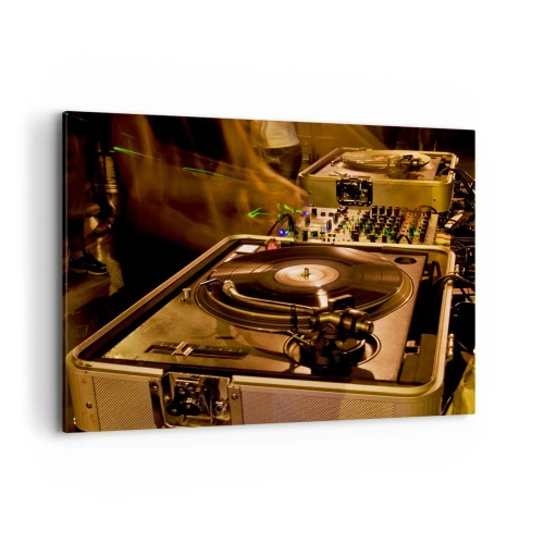 Obraz na płótnie - Sprzęt DJ z gramofonem i mikserem podczas imprezy - 120x80cm - Czujesz tę moc? - Nowoczesna dekoracja ścienna do salonu, kuchni i sypialni ARTTOR