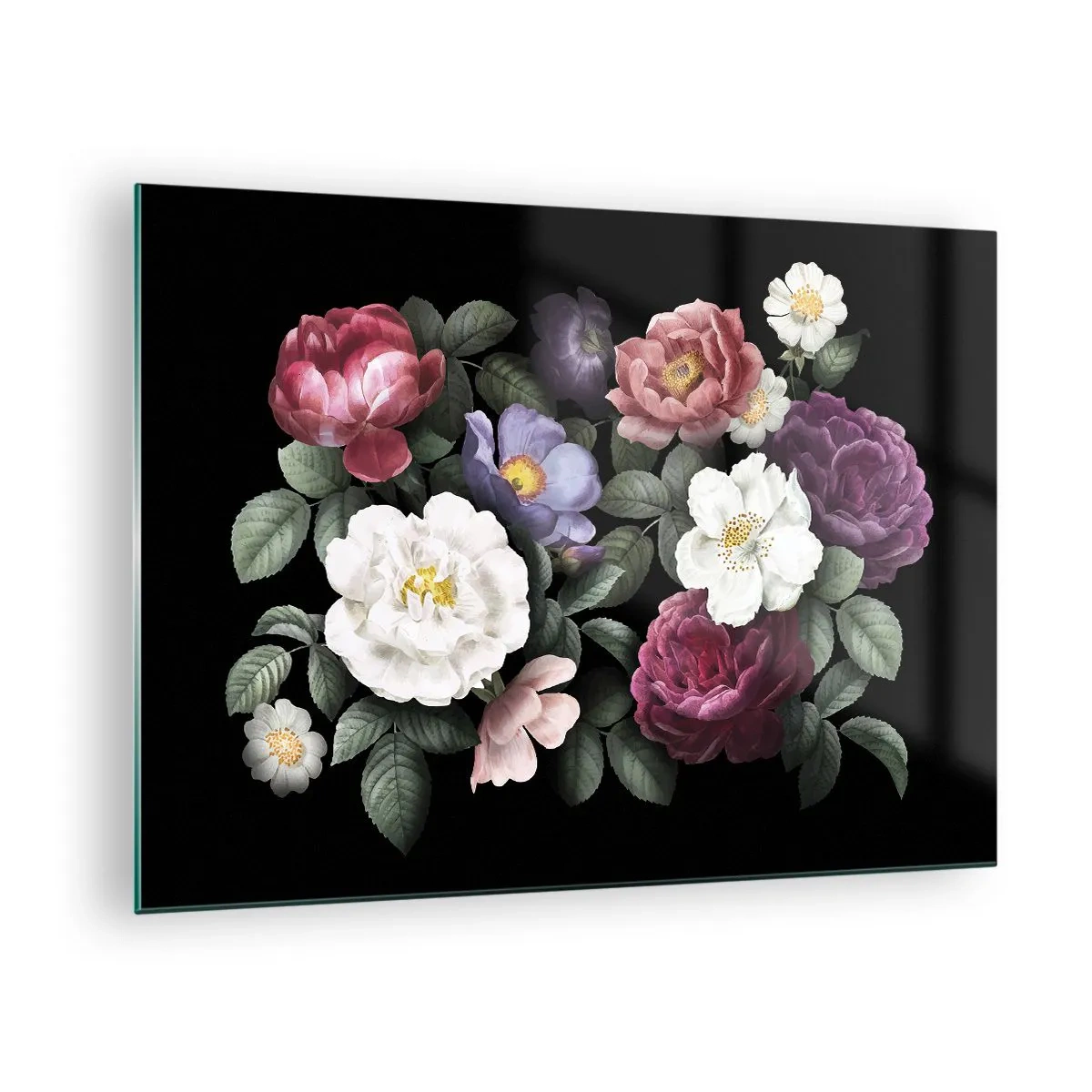 Obraz na szkle - Kwiatowa kompozycja z piwoniami na czarnym tle - 70x50cm - Z angielskiego ogrodu - Nowoczesna dekoracja ścienna do salonu i sypialni ARTTOR