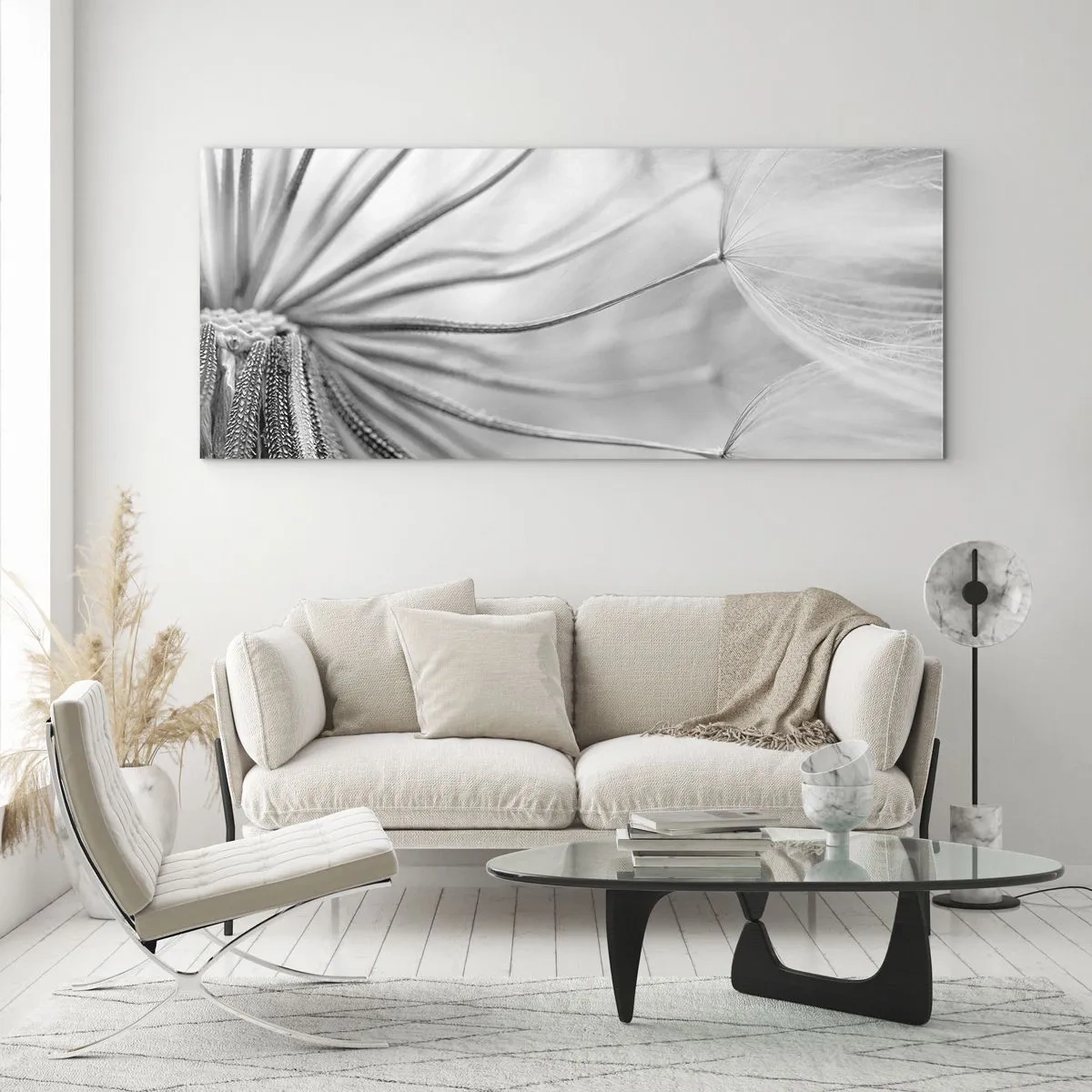 Obraz na szkle - Delikatne dmuchawce w czarno-białej tonacji - 160x50cm - Dmuchawce, latawce - Nowoczesna dekoracja ścienna do salonu i sypialni ARTTOR