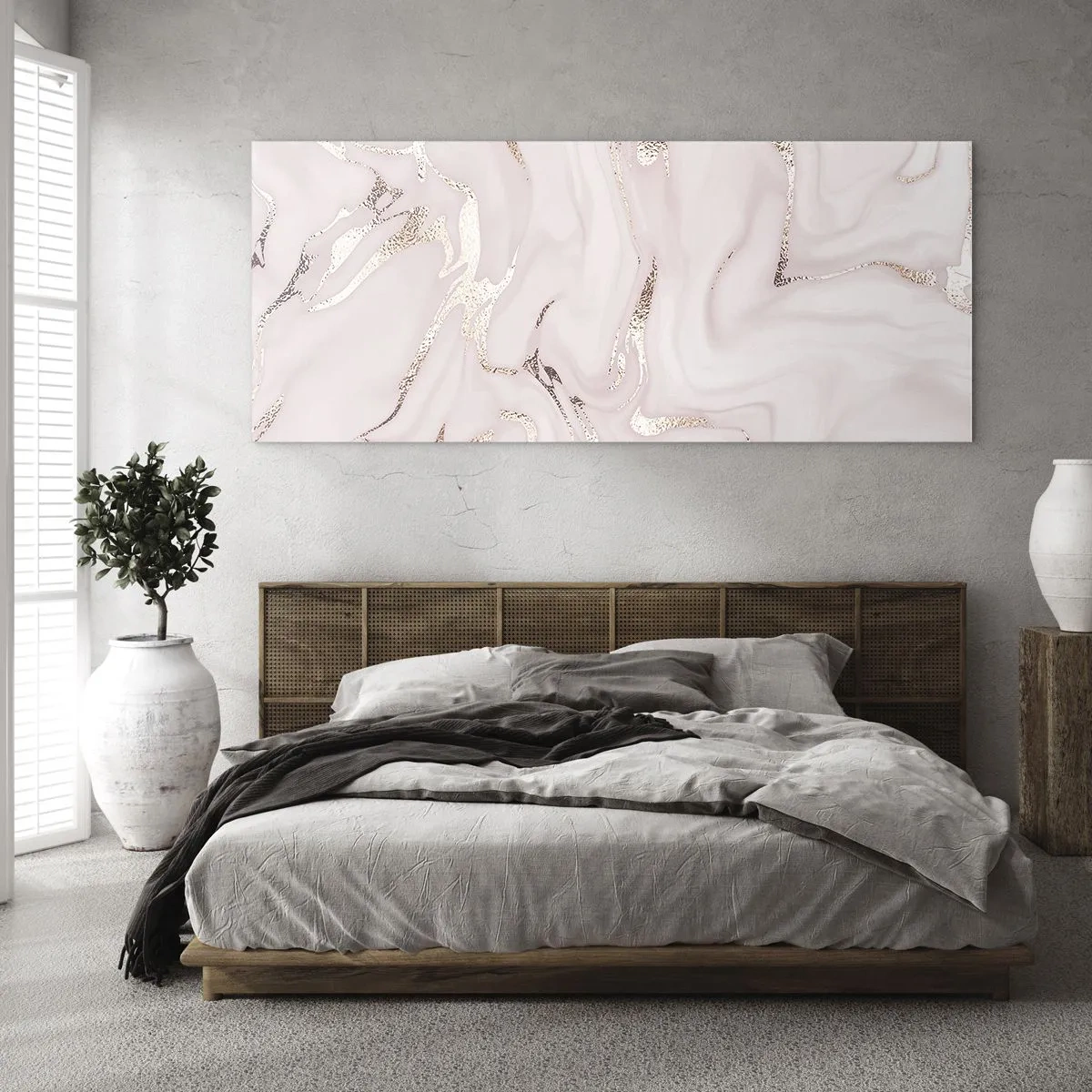 Obraz na szkle - Elegancka abstrakcja w odcieniach różu i złota - 160x50cm - W różowym szale - Nowoczesna dekoracja ścienna do salonu i sypialni ARTTOR