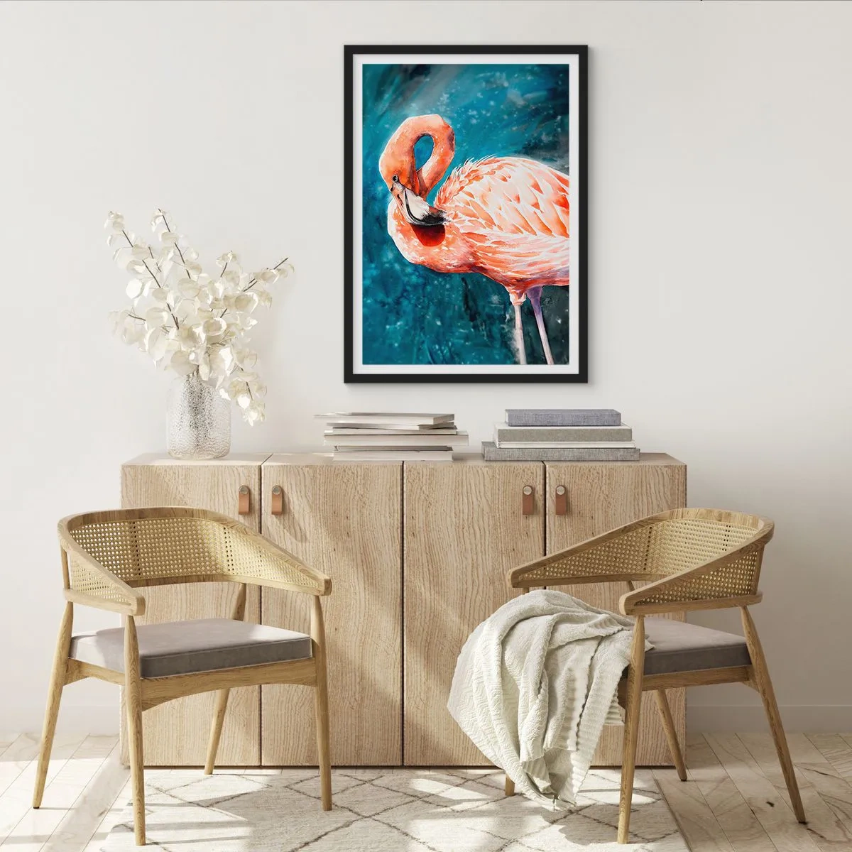 Plakat w czarnej ramie - Flaming w akwarelowym stylu na tle turkusowej wody - 50x70cm - Dekoracyjny z natury - Nowoczesna dekoracja ścienna do salonu i sypialni ARTTOR