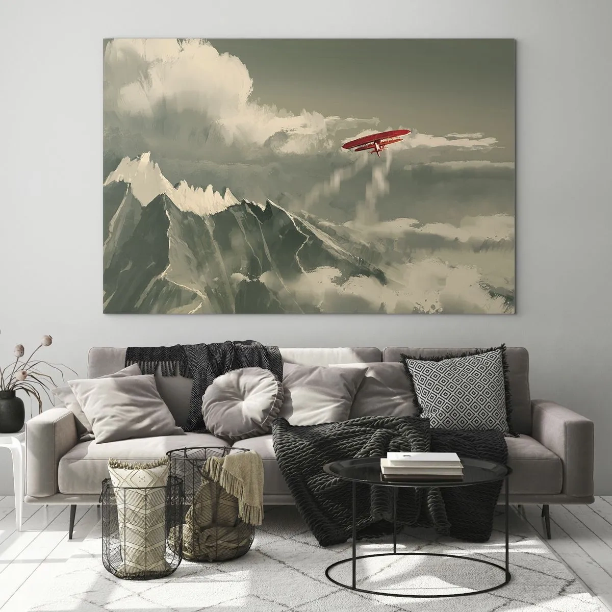 Obraz na szkle - Czerwony samolot lecący nad ośnieżonymi szczytami górskimi - 70x50cm - Nieustraszony pionier - Nowoczesna dekoracja ścienna do salonu i sypialni ARTTOR