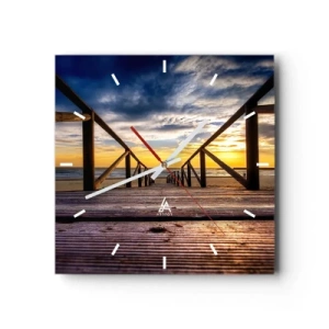 Zegar ścienny - Drewniany pomost prowadzący na plażę o zachodzie słońca - 30x30cm - Prosto na cichą plażę o zachodzie słońca - Nowoczesna dekoracja ścienna do salonu i sypialni ARTTOR