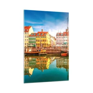 Obraz na szkle - Kolorowe kamienice nad kanałem w Kopenhadze - 80x120cm - Nad wodą gładką jak lustro - Nowoczesna dekoracja ścienna do salonu i sypialni ARTTOR