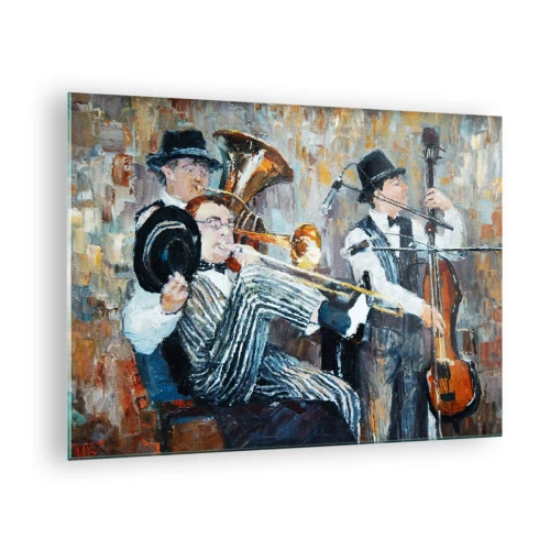 Obraz na szkle - Zespół jazzowy w klimatycznej impresjonistycznej scenie - 70x50cm - Cały ten jazz - Nowoczesna dekoracja ścienna do salonu i sypialni ARTTOR