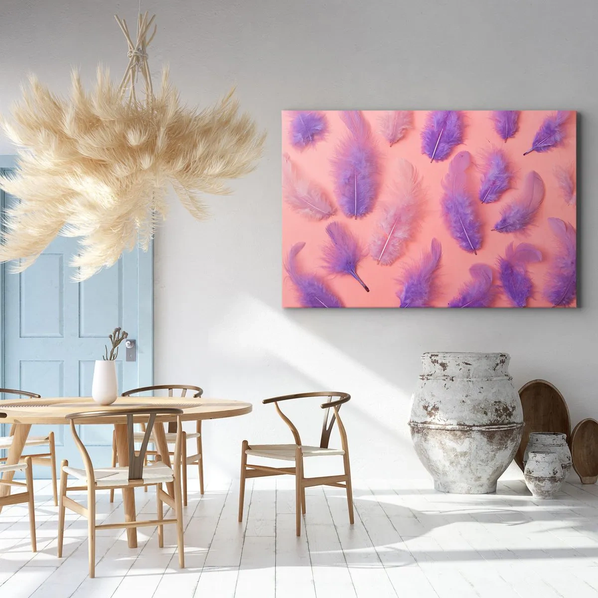 Obraz na płótnie - Fioletowe i różowe piórka na pastelowym tle - 70x50cm - Liliowy ptak pragnienia - Nowoczesna dekoracja ścienna do salonu i sypialni ARTTOR