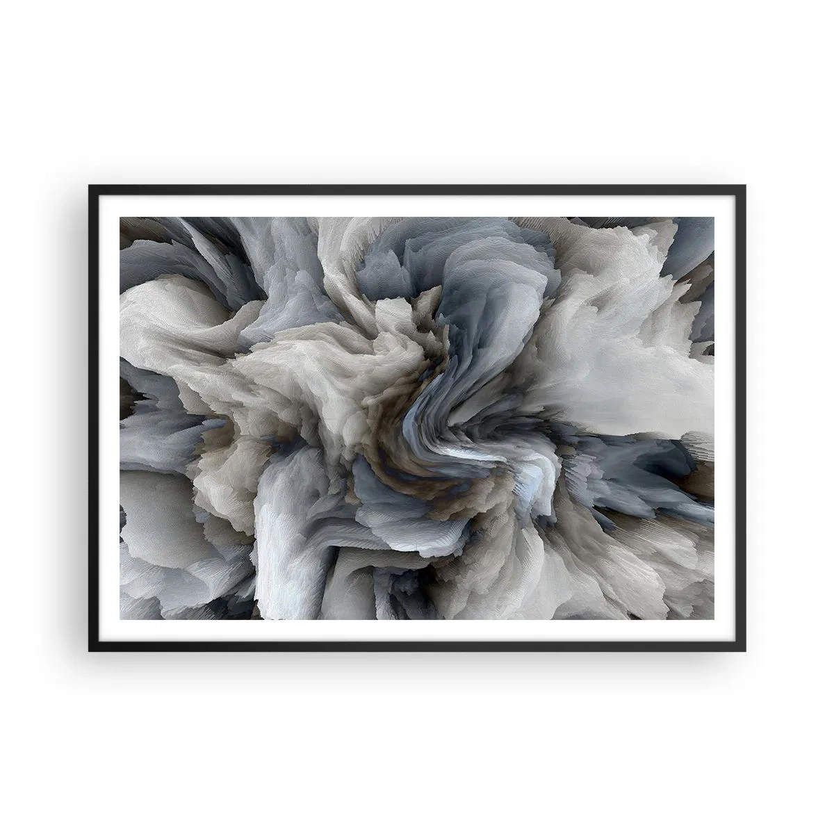 Plakat w czarnej ramie - Abstrakcyjny wir w odcieniach szarości i błękitu - 100x70cm - Kamień i kwiat - Nowoczesna dekoracja ścienna do salonu i sypialni ARTTOR