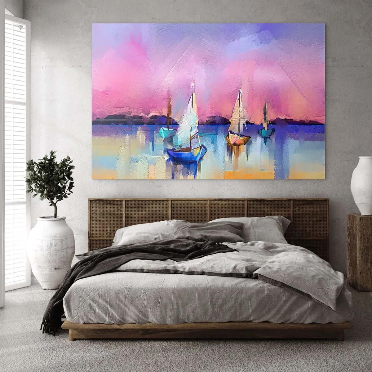 Obraz na szkle - Abstrakcyjna marina z żaglówkami o zachodzie słońca - 70x50cm - Kierunek: szerokie wody - Nowoczesna dekoracja ścienna do salonu i sypialni ARTTOR