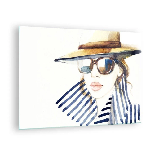 Obraz na szkle - Stylowa kobieta w kapeluszu i okularach w akwarelowym stylu - 70x50cm - Floryda wita! - Nowoczesna dekoracja ścienna do salonu i sypialni ARTTOR