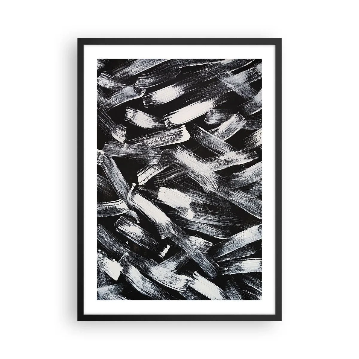 Plakat w czarnej ramie - Abstrakcyjne białe pociągnięcia pędzla na czarnym tle - 50x70cm - Abstrakcja w duchu industrialnym - Nowoczesna dekoracja ścienna do salonu i sypialni ARTTOR
