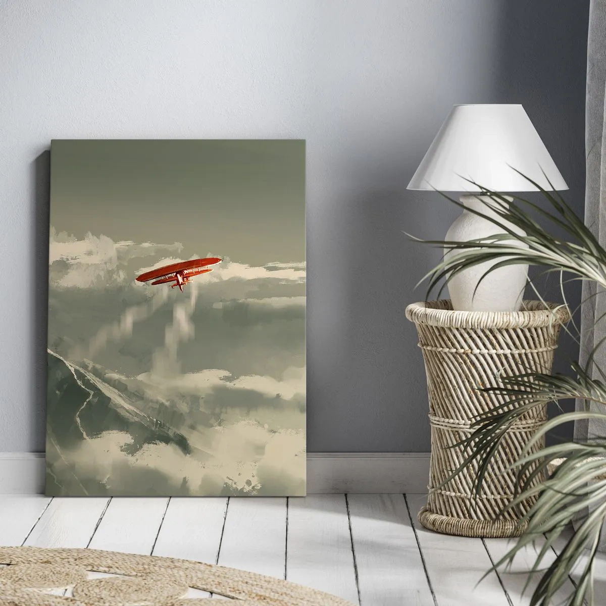 Obraz na płótnie - Czerwony dwupłatowiec lecący ponad chmurami - 50x70cm - Nieustraszony pionier - Nowoczesna dekoracja ścienna do salonu, kuchni i sypialni ARTTOR
