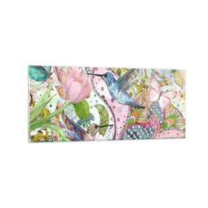 Obraz na szkle - Kolorowe kolibry i motyle wśród roślin - 120x50cm - Wplątane w pnączach - Nowoczesna dekoracja ścienna do salonu i sypialni ARTTOR