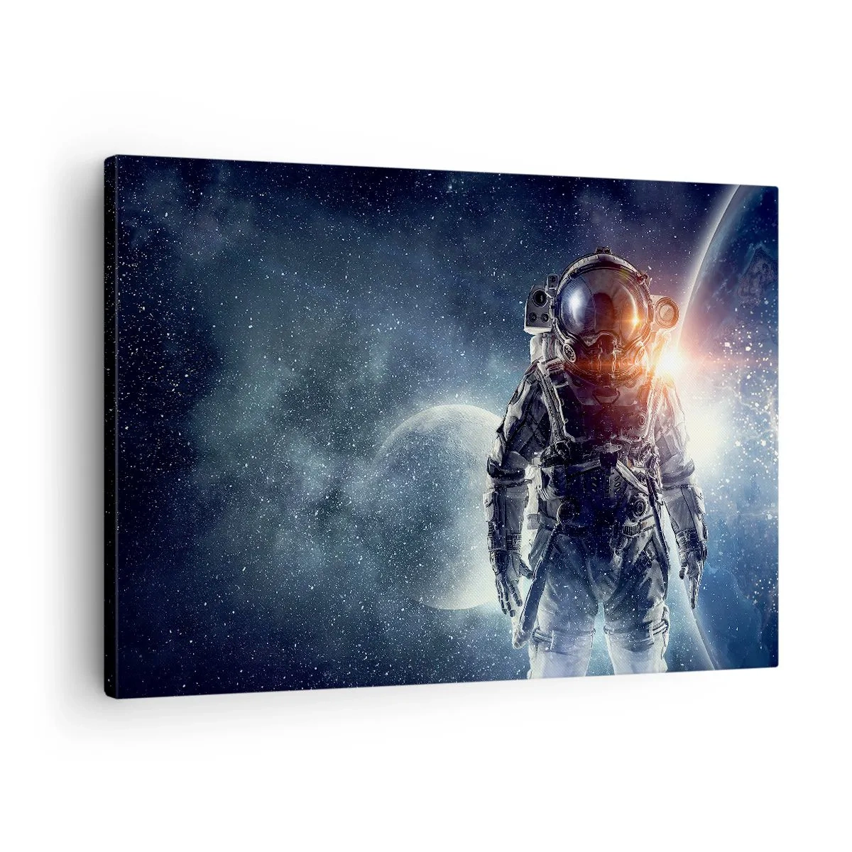 Obraz na płótnie - Astronauta na tle kosmosu i planety Ziemi - 70x50cm - Kosmiczna przygoda - Nowoczesna dekoracja ścienna do salonu i sypialni ARTTOR