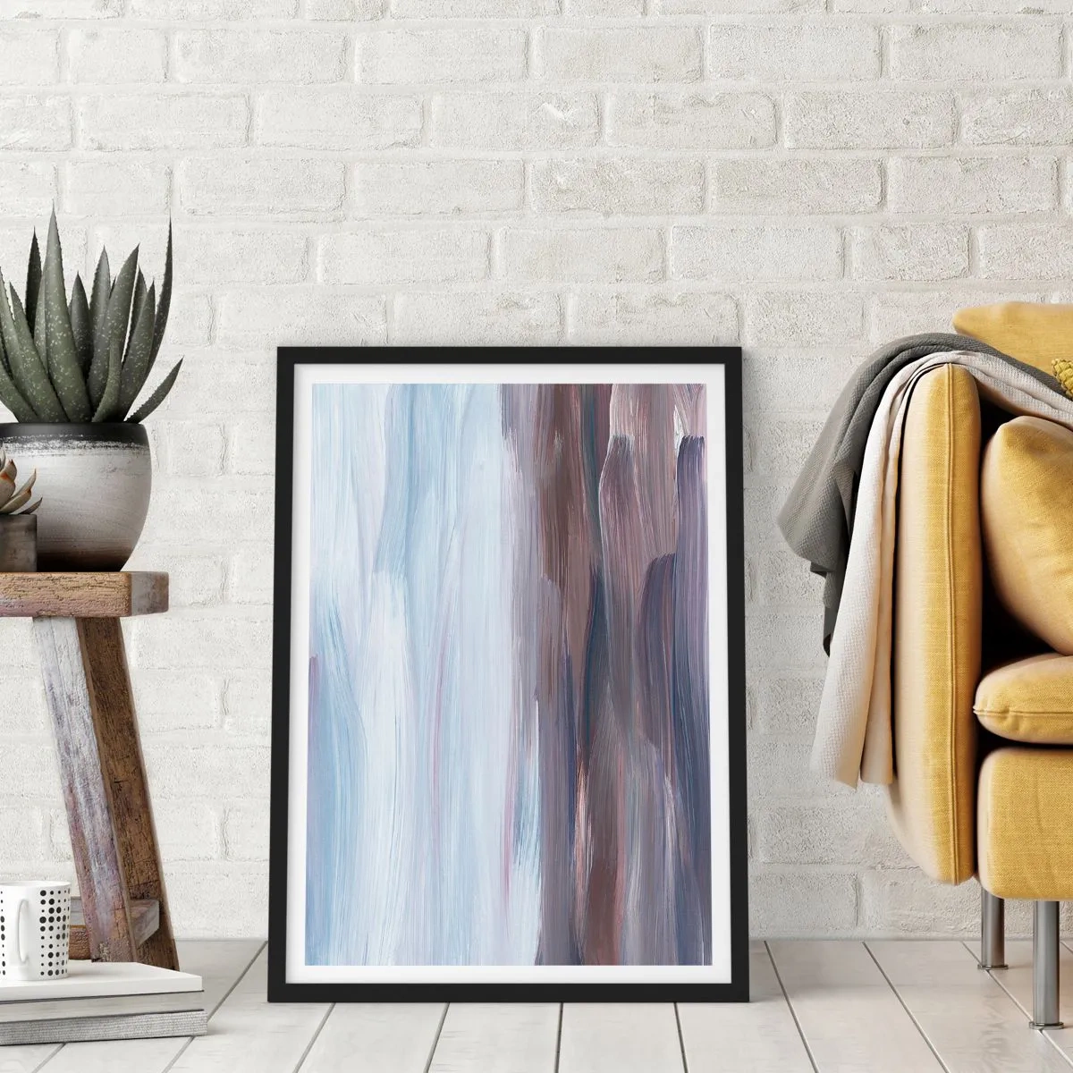 Plakat w czarnej ramie - Abstrakcyjne pociągnięcia pędzla w odcieniach błękitu i brązu - 50x70cm - Żywioły: woda - Nowoczesna dekoracja ścienna do salonu i sypialni ARTTOR