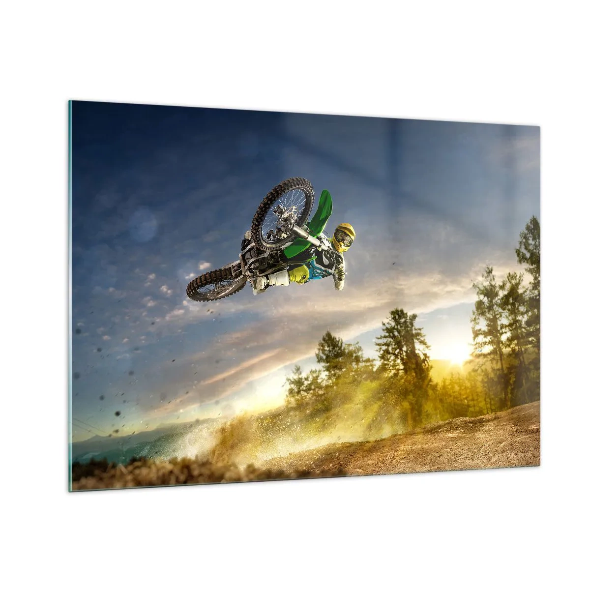 Obraz na szkle - Motocyklista w akcji na tle zachodzącego słońca - 100x70cm - Włącz emocje! - Nowoczesna dekoracja ścienna do salonu, kuchni i sypialni ARTTOR