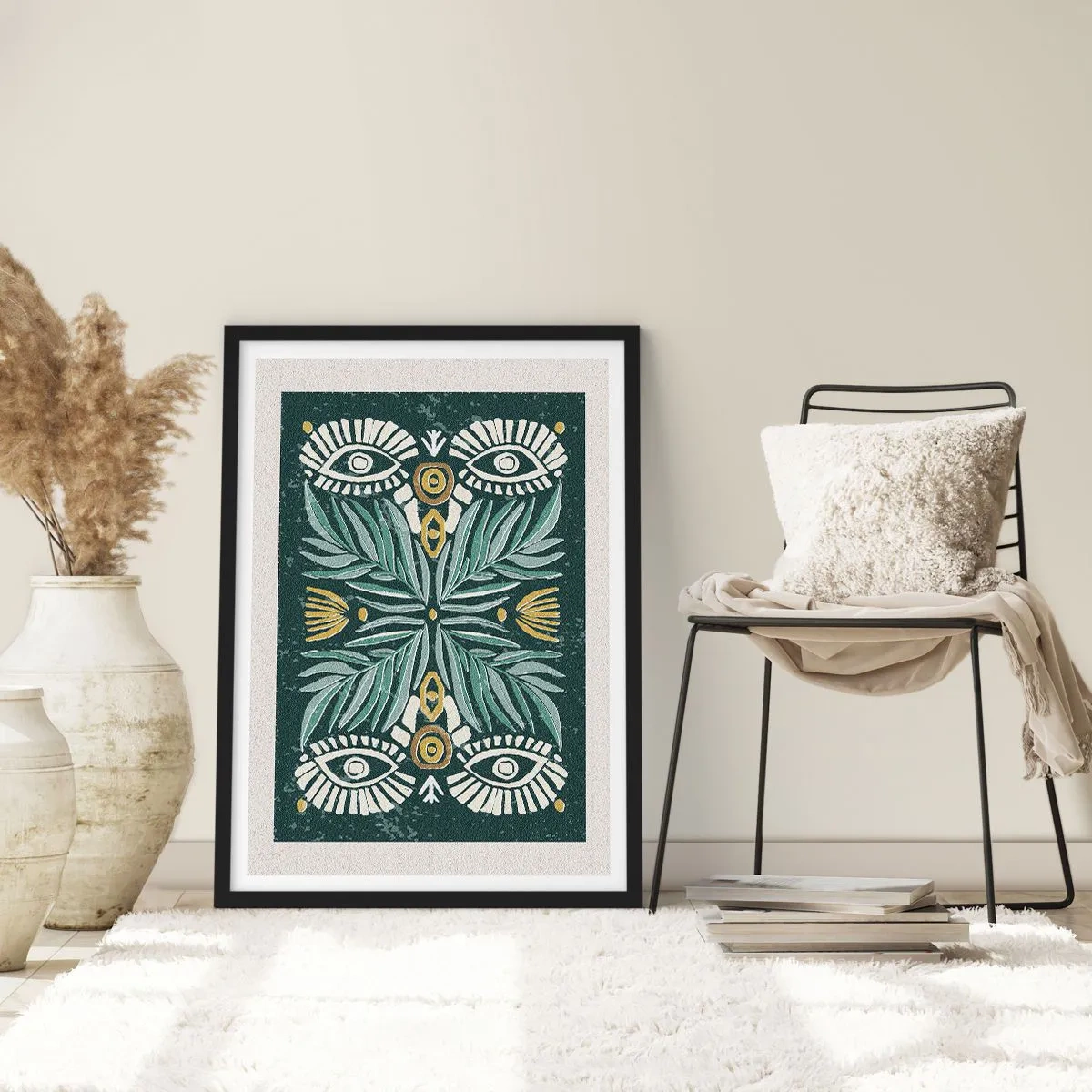 Plakat w czarnej ramie - Symetryczny wzór z liśćmi i oczami na ciemnym tle - 50x70cm - Jak ludowa wycinanka - Nowoczesna dekoracja ścienna do salonu i sypialni ARTTOR