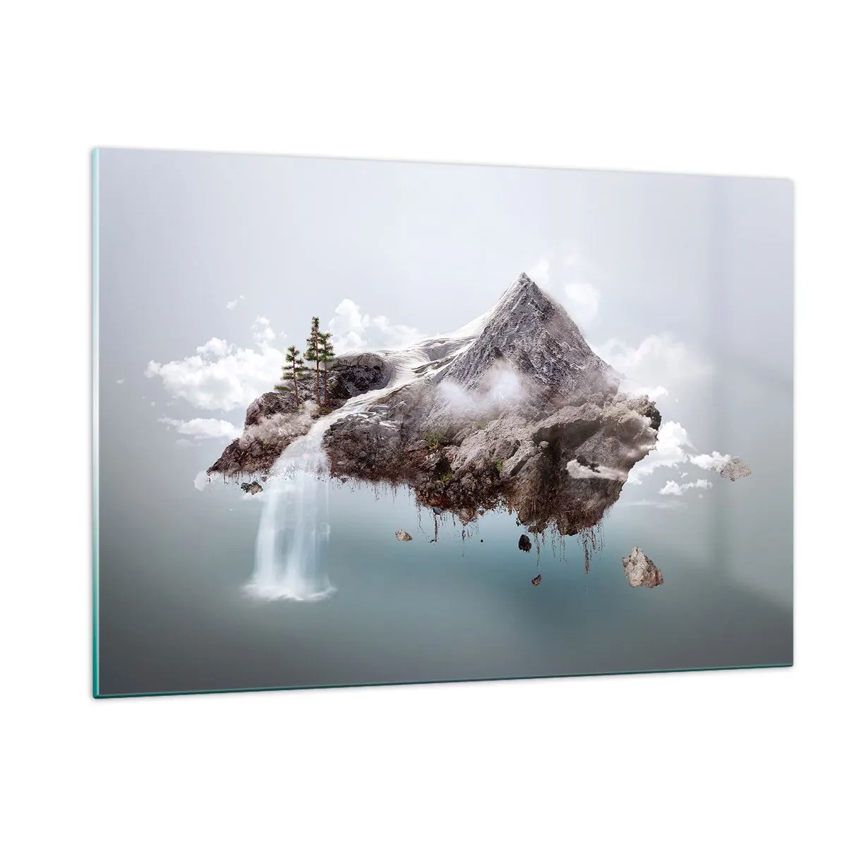 Obraz na szkle - Latająca górska wyspa z wodospadem w surrealistycznym stylu - 120x80cm - Okiem surrealisty - Nowoczesna dekoracja ścienna do salonu, kuchni i sypialni ARTTOR