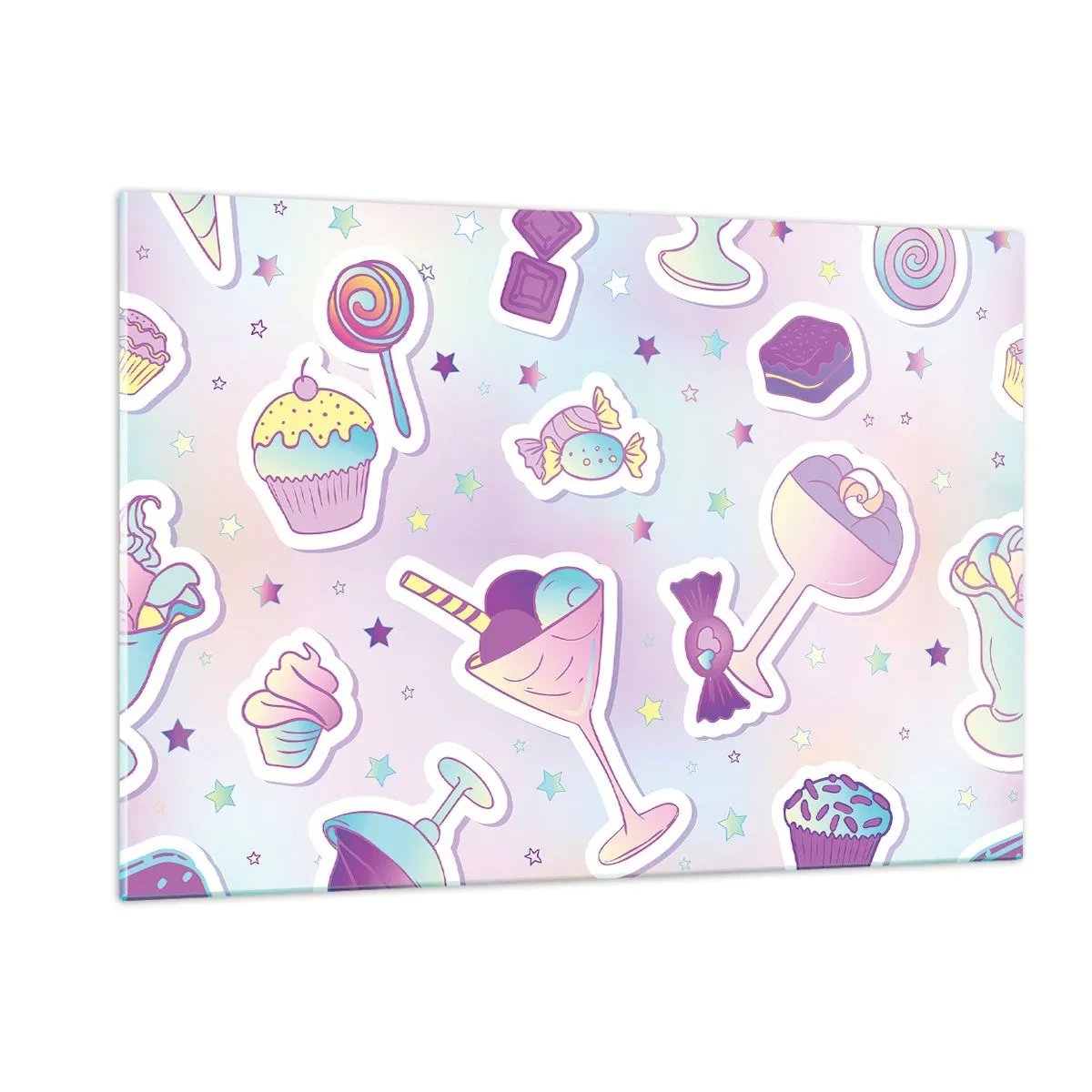 Obraz na szkle - Kolorowy motyw słodyczy z pastelowym tłem - 120x80cm - Żeby codziennie były urodziny - Nowoczesna dekoracja ścienna do salonu, kuchni i sypialni ARTTOR
