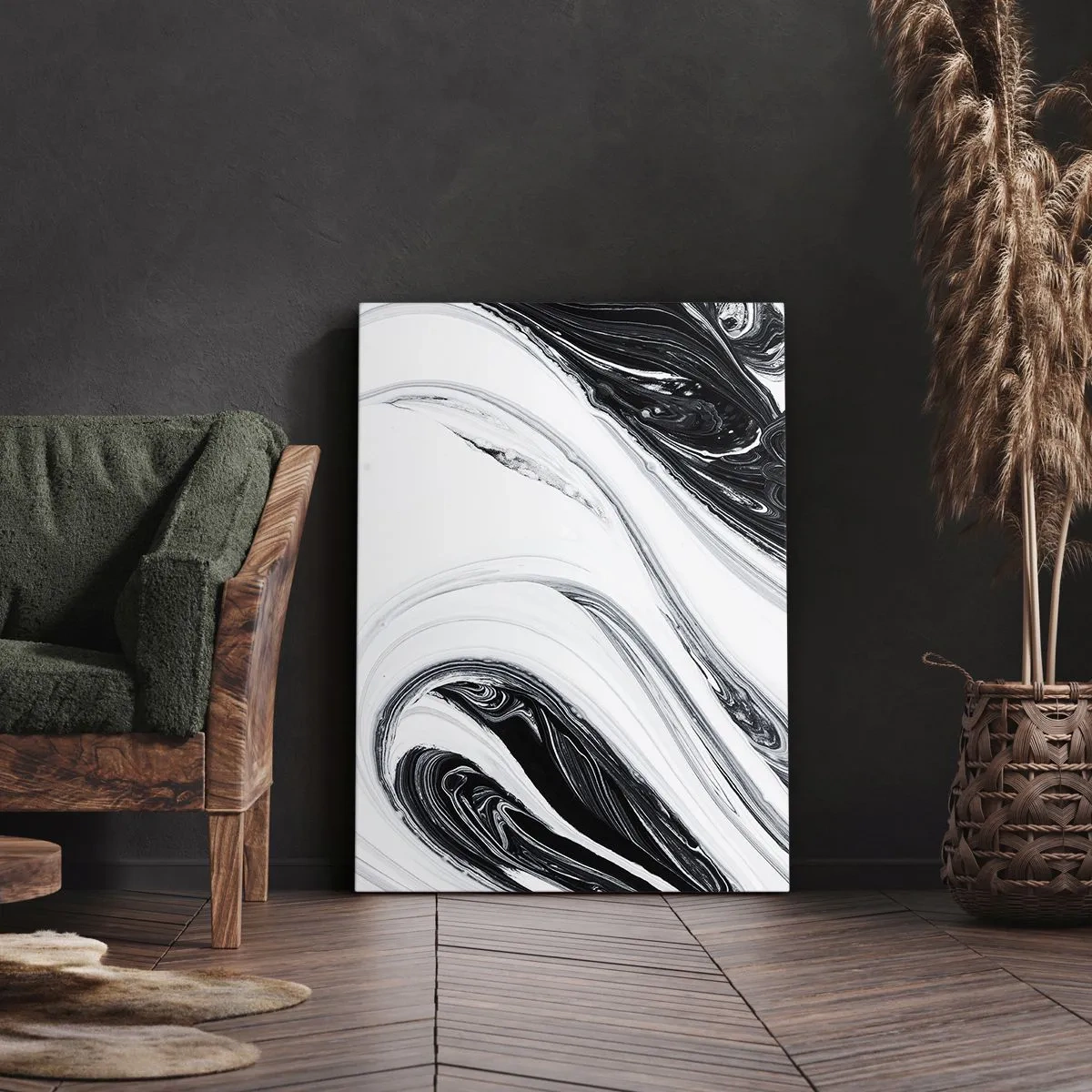 Obraz na płótnie - Abstrakcyjna czarno-biała kompozycja z płynnymi, falistymi wzorami - 50x70cm - Połączenie przeciwieństw - Nowoczesna dekoracja ścienna do salonu, kuchni i sypialni ARTTOR