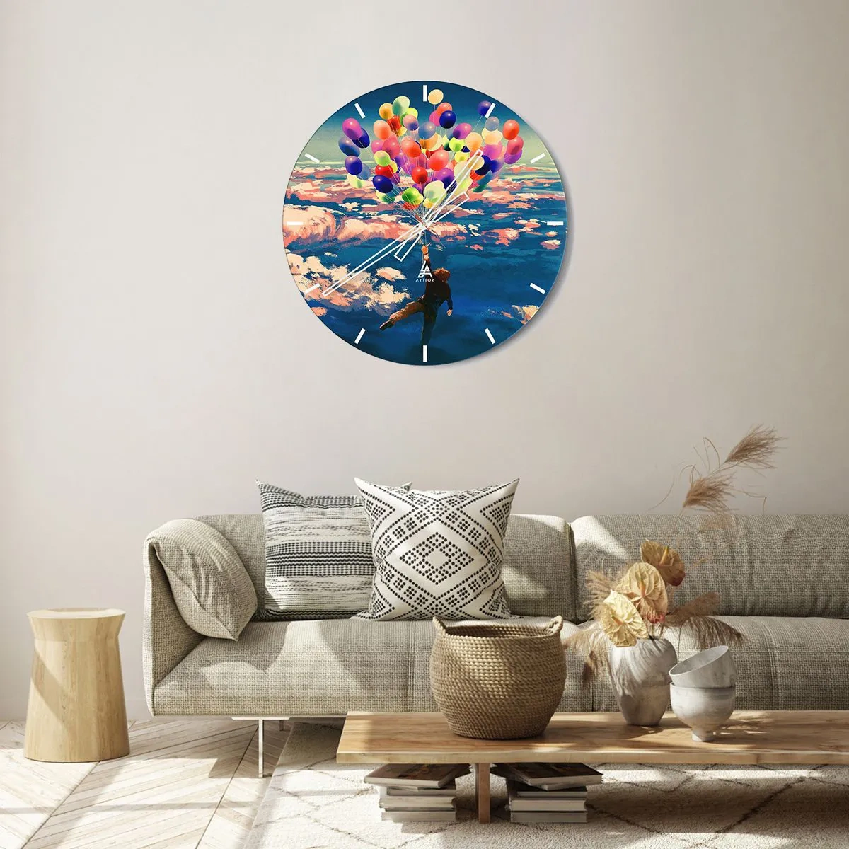 Zegar ścienny - Postać unosząca się w powietrzu z kolorowymi balonami - 30x30cm - Spełnione marzenie dzieciństwa - Nowoczesna dekoracja ścienna do salonu, kuchni i sypialni ARTTOR