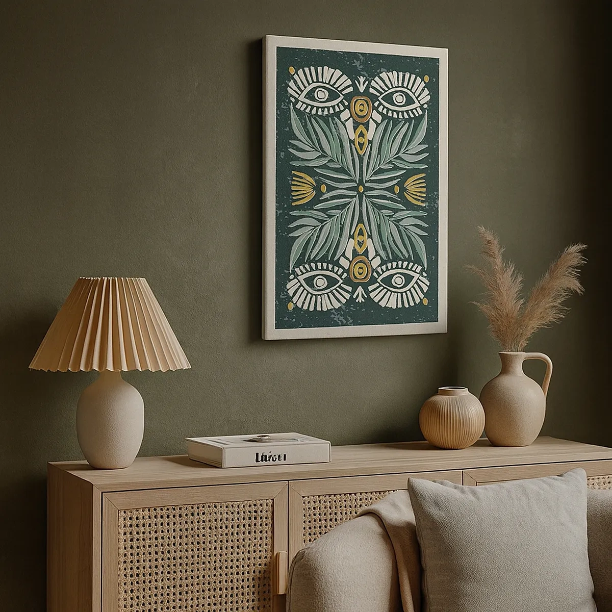 Obraz na płótnie - Symetryczny wzór z liśćmi, oczami i geometrycznymi kształtami w stylu ludowym - 50x70cm - Jak ludowa wycinanka - Nowoczesna dekoracja ścienna do salonu, kuchni i sypialni ARTTOR