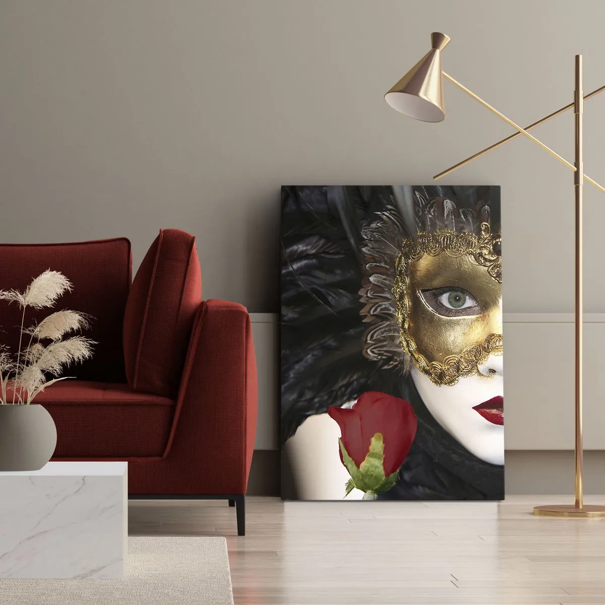 Obraz na płótnie - Złota maska wenecka z czerwoną różą - 50x70cm - Bo życie to wielki bal - Nowoczesna dekoracja ścienna do salonu, kuchni i sypialni ARTTOR