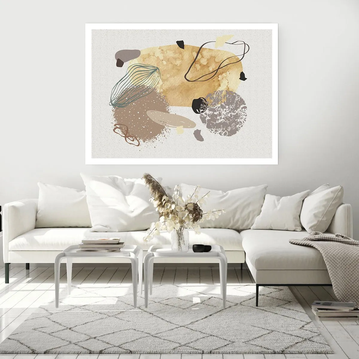 Plakat - Kompozycja abstrakcyjnych kształtów w beżach i żółciach - 100x70cm - Plumkologia stosowana - Nowoczesna dekoracja ścienna do salonu i sypialni ARTTOR