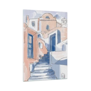 Obraz na szkle - Artystyczna ilustracja śródziemnomorskiej architektury w odcieniach błękitu i beżu - 70x100cm - Egzotyczne miasto - Nowoczesna dekoracja ścienna do salonu i sypialni ARTTOR