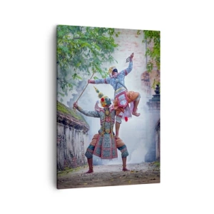 Obraz na płótnie - Tradycyjni tancerze w tajskich strojach wykonują dynamiczny układ - 50x70cm - Taniec zabójczo piękny - Nowoczesna dekoracja ścienna do salonu, kuchni i sypialni ARTTOR