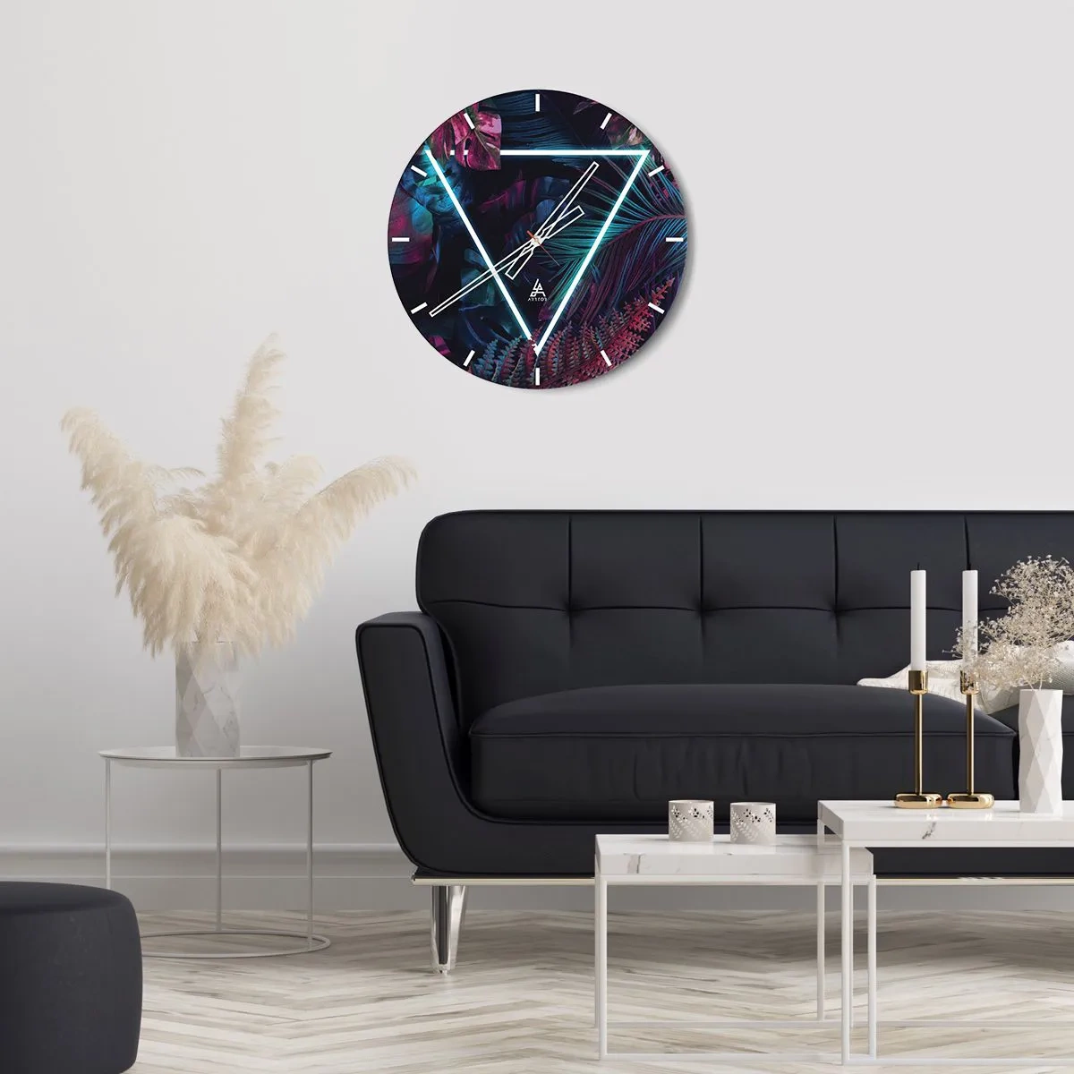 Zegar ścienny - Tropikalne liście i paprocie z neonowym trójkątem - 30x30cm - Ogród w stylu disco - Nowoczesna dekoracja ścienna do salonu, kuchni i sypialni ARTTOR