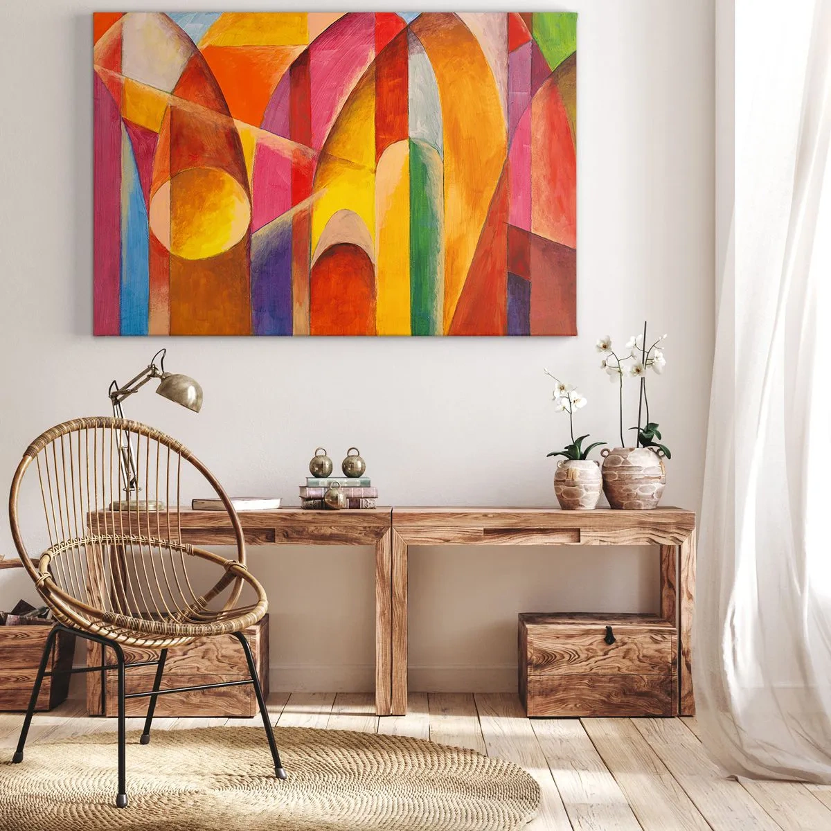 Obraz na płótnie - Abstrakcyjna kompozycja pełna kolorowych form geometrycznych - 120x80cm - Katedra słońca - Nowoczesna dekoracja ścienna do salonu, kuchni i sypialni ARTTOR
