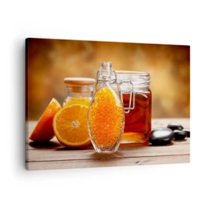 Obraz na płótnie - Butelka z bursztynowym płynem i świeże pomarańcze - 70x50cm - Słoneczne smaki i aromaty - Nowoczesna dekoracja ścienna do salonu i sypialni ARTTOR