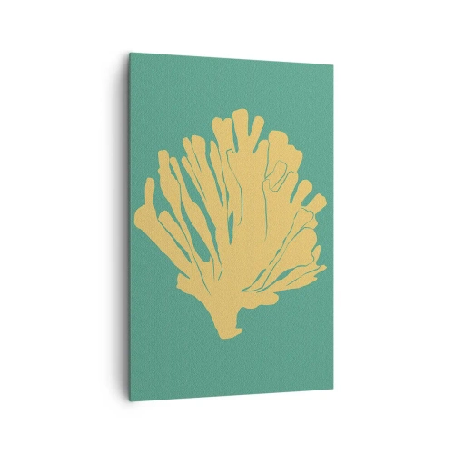 Obraz na płótnie - Minimalistyczna ilustracja koralowca w odcieniach złota na zielonym tle - 80x120cm - Krzak podwodnego lasu - Nowoczesna dekoracja ścienna do salonu i sypialni ARTTOR