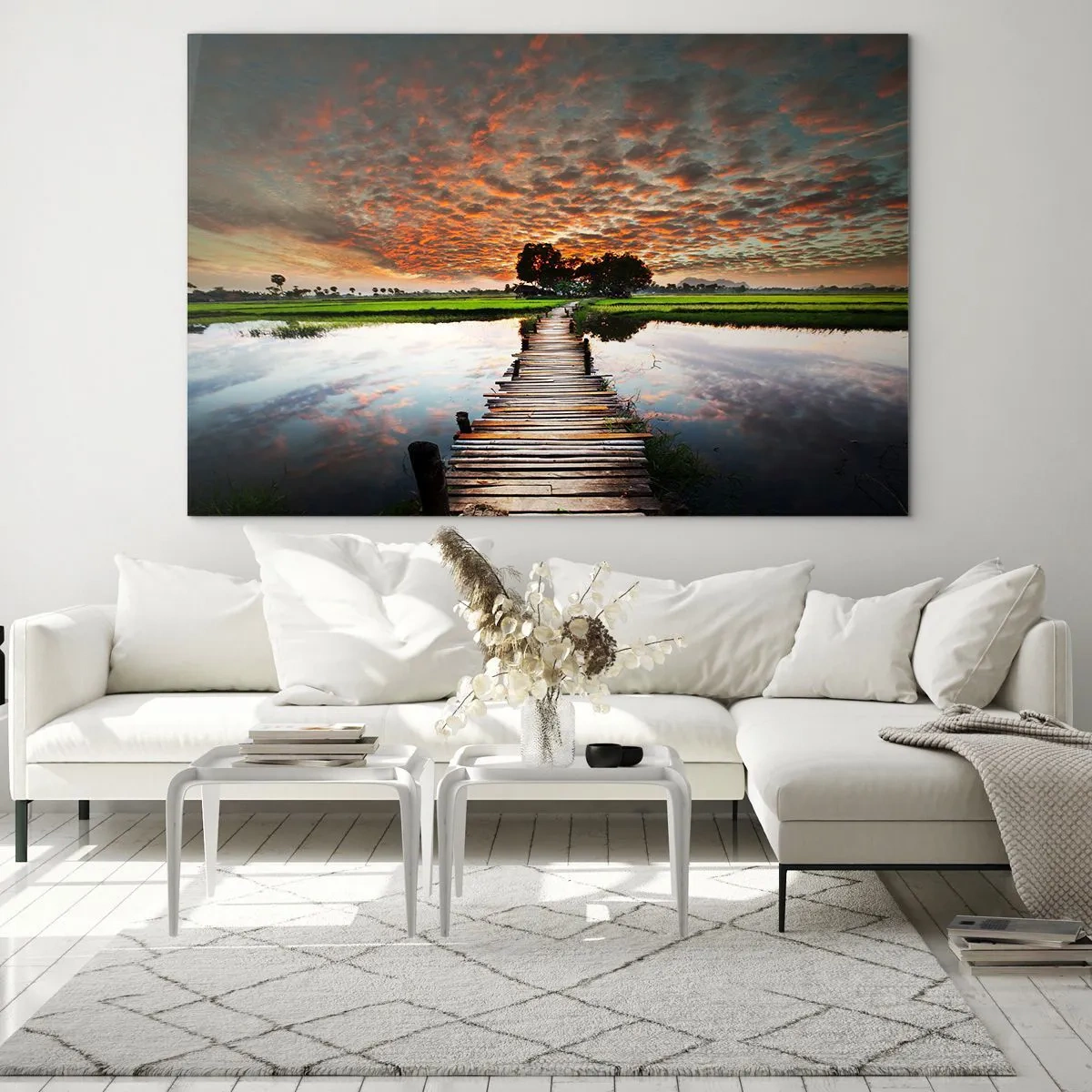 Obraz na szkle - Drewniany mostek nad rzeką przy zachodzie słońca - 70x50cm - Rozłóż ramiona - oddychaj  - Nowoczesna dekoracja ścienna do salonu i sypialni ARTTOR