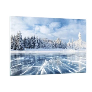 Obraz na szkle - Zamarznięte jezioro otoczone zimowym lasem - 120x80cm - Olśniewający i krystaliczny widok - Nowoczesna dekoracja ścienna do salonu, kuchni i sypialni ARTTOR