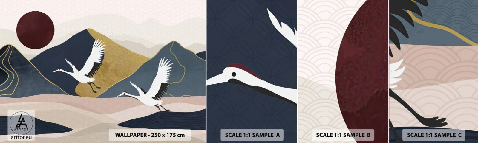 Fototapeta Próbka Samoprzylepna Deluxe Sticker - I znowu ZLECIAŁ dzień - Abstrakcja, Żurawie, Góry - 100x30 cm