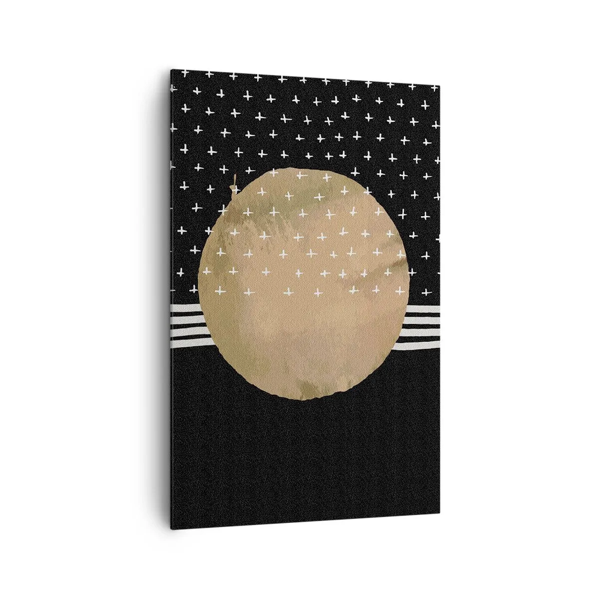 Obraz na płótnie - Abstrakcyjny złoty okrąg na czarnym tle z geometrycznymi wzorami - 80x120cm - Kompozycja: flaga galaktyki - Nowoczesna dekoracja ścienna do salonu i sypialni ARTTOR