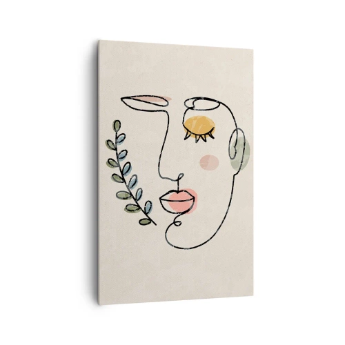 Obraz na płótnie - Minimalistyczny rysunek twarzy z roślinnym motywem na jasnym tle - 80x120cm - Spokój odnaleziony - Nowoczesna dekoracja ścienna do salonu i sypialni ARTTOR