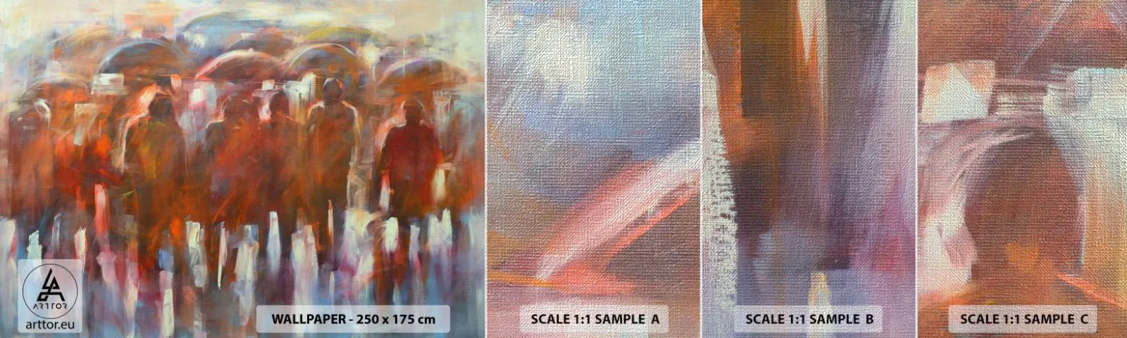 Fototapeta Próbka Premium Canvas - Równi w deszczu i mgle - Ludzie, Ruchliwe Miasto, Sztuka - 100x30 cm