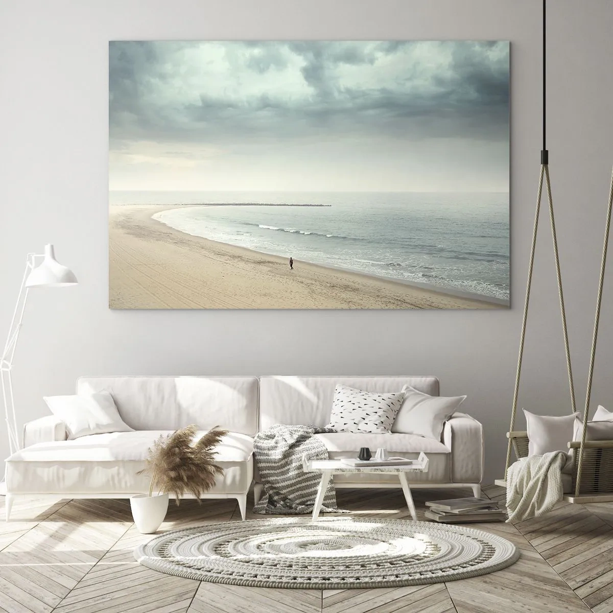 Obraz na szkle - Spacerująca postać na pustej plaży przy spokojnym morzu - 70x50cm - w poszukiwaniu spokoju - Nowoczesna dekoracja ścienna do salonu i sypialni ARTTOR